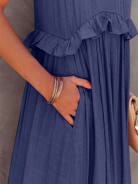 Trendsi flowy pink ruffle maxi dress with side pocket and delicate ruffle detail on waist