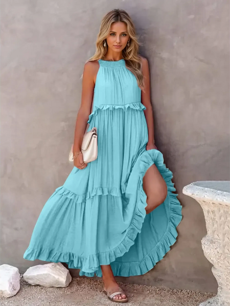 Trendsi flowy pink ruffle maxi dress styled in light blue with sleeveless design and tiered ruffles