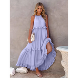Trendsi flowy pink ruffle maxi dress with sleeveless design and tiered layers perfect for summer