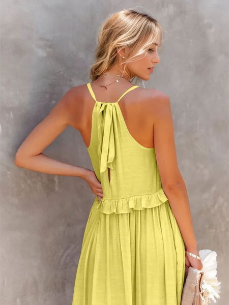 Trendsi flowy pink ruffle maxi dress shown from back with tie and ruffle detail
