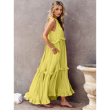 Trendsi flowy pink ruffle maxi dress with tiered layers and sleeveless design