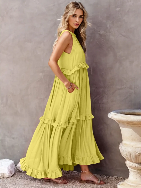 Trendsi flowy pink ruffle maxi dress with tiered layers and sleeveless design