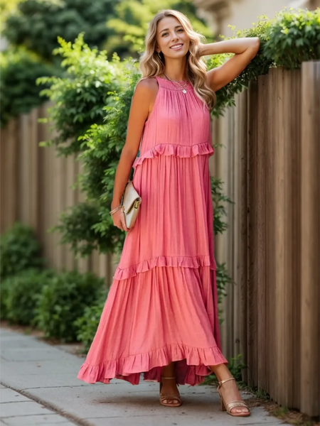 Trendsi flowy pink ruffle maxi dress worn by smiling woman outdoors with sleeveless design