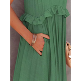 Trendsi flowy pink ruffle maxi dress with side pocket and ruffle detail close-up