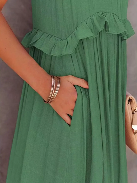 Trendsi flowy pink ruffle maxi dress with side pocket and ruffle detail close-up
