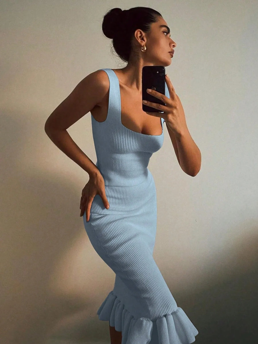 Trendsi light blue ribbed mermaid dress maxi dress with ruffle hem worn by woman taking mirror selfie