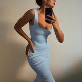Trendsi light blue ribbed mermaid dress maxi dress with ruffle hem worn by woman taking mirror selfie