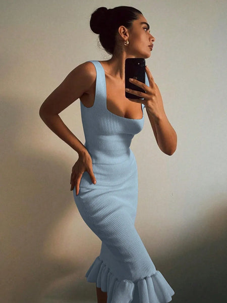 Trendsi light blue ribbed mermaid dress maxi dress with ruffle hem worn by woman taking mirror selfie