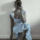 Trendsi light blue maxi mermaid dress with ruffled hem and square neckline