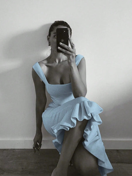 Trendsi light blue maxi mermaid dress with ruffled hem and square neckline