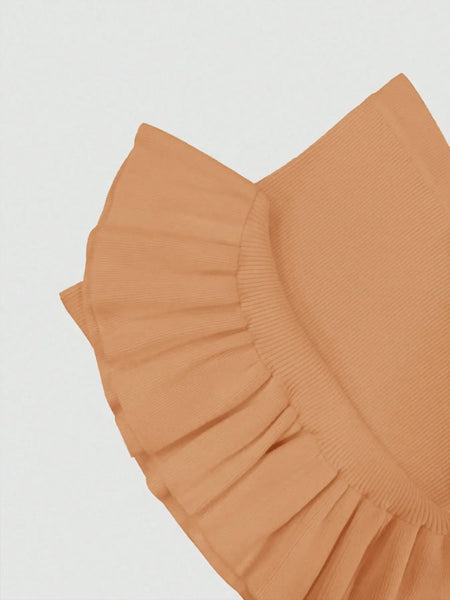 Close-up detail of ruffled sleeve on brown mermaid dress maxi dress by Trendsi