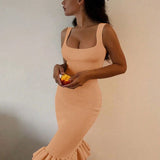 Trendsi peach sleeveless ribbed mermaid dress with square neckline and ruffled hem