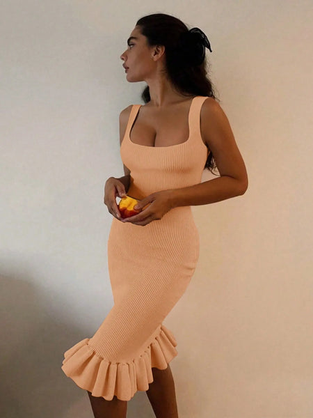 Trendsi peach sleeveless ribbed mermaid dress with square neckline and ruffled hem