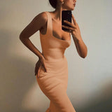 Trendsi beige ribbed mermaid dress maxi dress with ruffle hem worn by woman taking mirror selfie