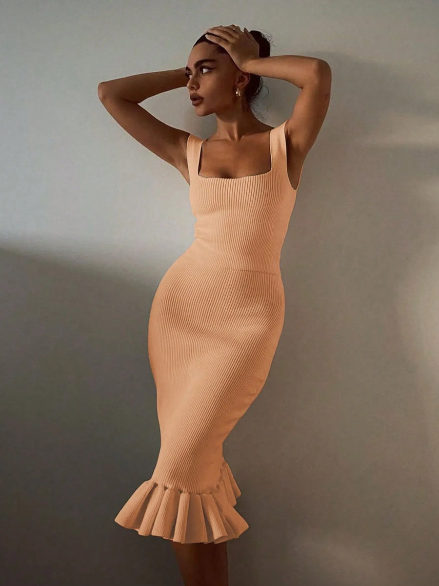 Trendsi beige ribbed mermaid dress midi length with square neckline and ruffled hem