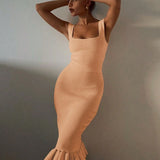 Trendsi beige ribbed mermaid dress midi length with square neckline and ruffled hem