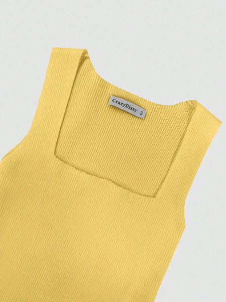 Yellow Trendsi ribbed maxi mermaid dress with square neckline and sleeveless design