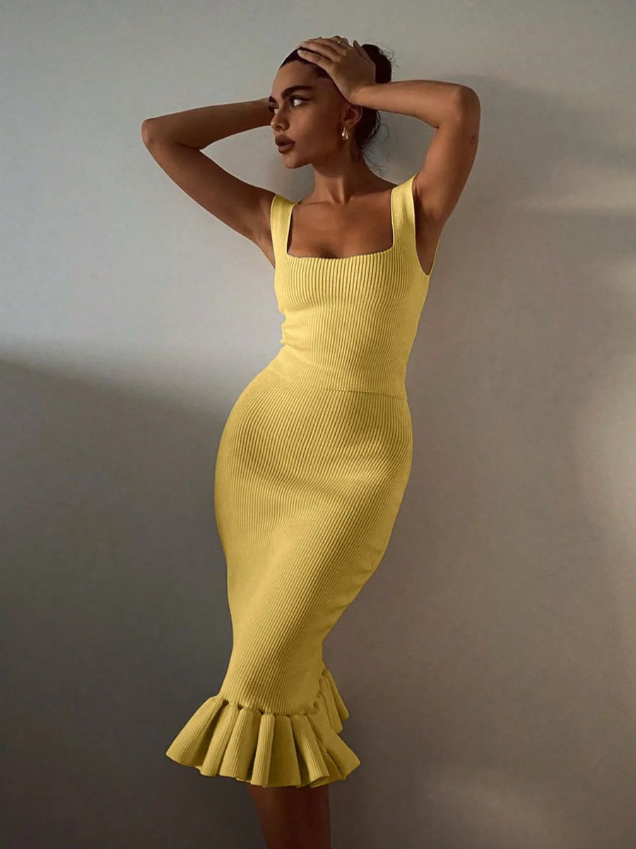 Trendsi yellow ribbed mermaid dress maxi with square neckline and ruffle hem