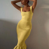 Trendsi yellow ribbed mermaid dress maxi with square neckline and ruffle hem