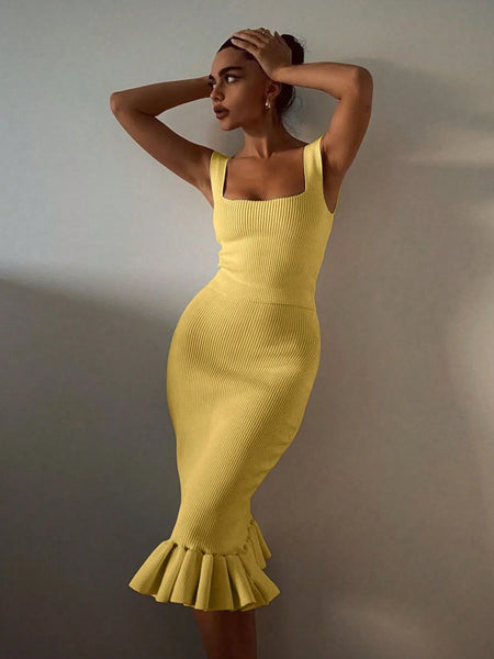 Trendsi yellow ribbed mermaid dress maxi with square neckline and ruffle hem