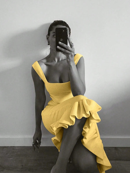 Trendsi yellow mermaid dress maxi dress with ruffled hem worn by woman taking mirror selfie
