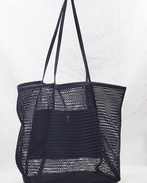 Black Mesh Beach Bag Tote Bag with long handles by Babe Beachwear perfect for beach trips