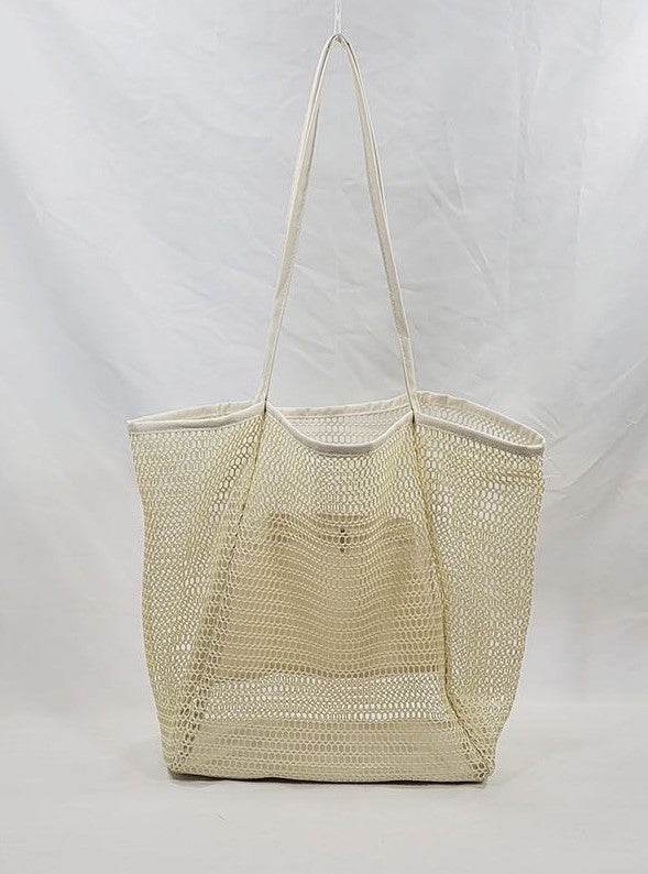 Babe Beachwear Mesh Beach Bag Tote Bag in beige with long handles perfect for beach essentials