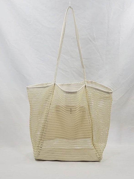 Babe Beachwear Mesh Beach Bag Tote Bag in beige with long handles perfect for beach essentials