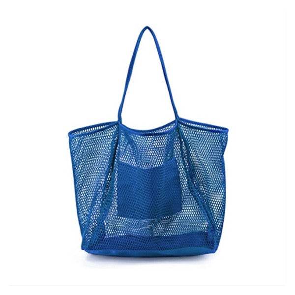 Blue Mesh Beach Bag Tote Bag with long handles and front pocket by Babe Beachwaer