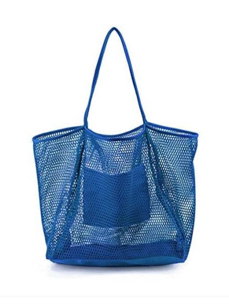 Blue Mesh Beach Bag Tote Bag with long handles and front pocket by Babe Beachwaer