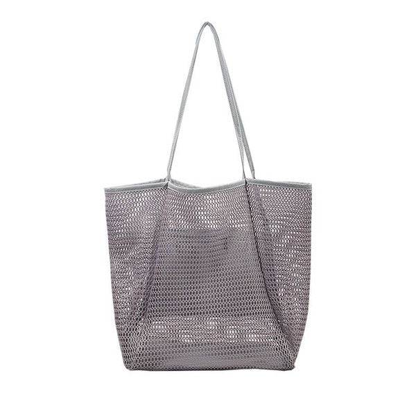 Gray mesh tote bag with long handles from Babe Beachwear Mesh Beach Bag Tote Bag