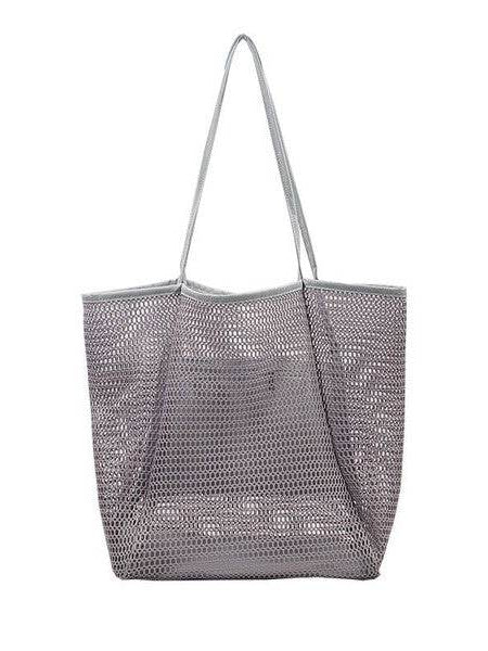 Gray mesh tote bag with long handles from Babe Beachwear Mesh Beach Bag Tote Bag