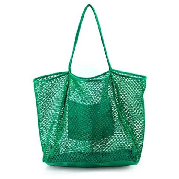 Green mesh beach bag tote bag with long handles from Babe Beachwear for easy carrying