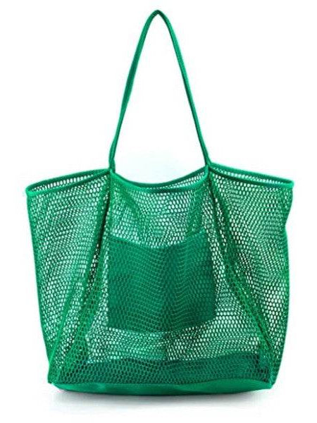 Green mesh beach bag tote bag with long handles from Babe Beachwear for easy carrying
