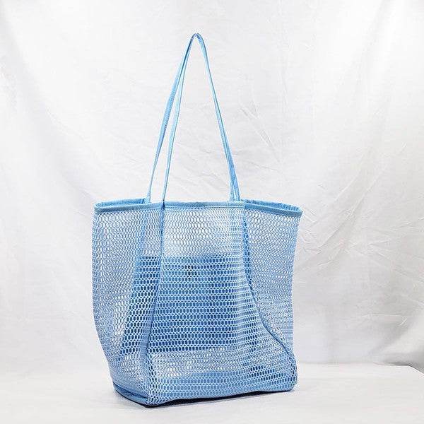 Light blue Mesh Beach Bag Tote Bag with long handles perfect for beach and casual use