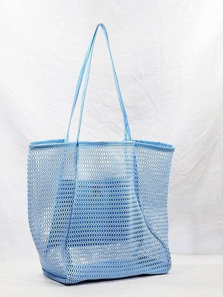 Light blue Mesh Beach Bag Tote Bag with long handles perfect for beach and casual use