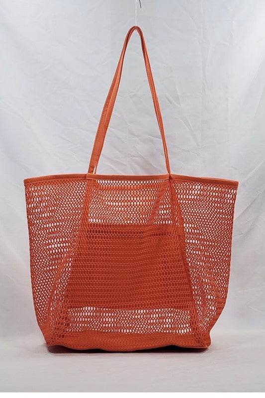 Babe Beachwear orange Mesh Beach Bag Tote Bag with long handles and spacious design