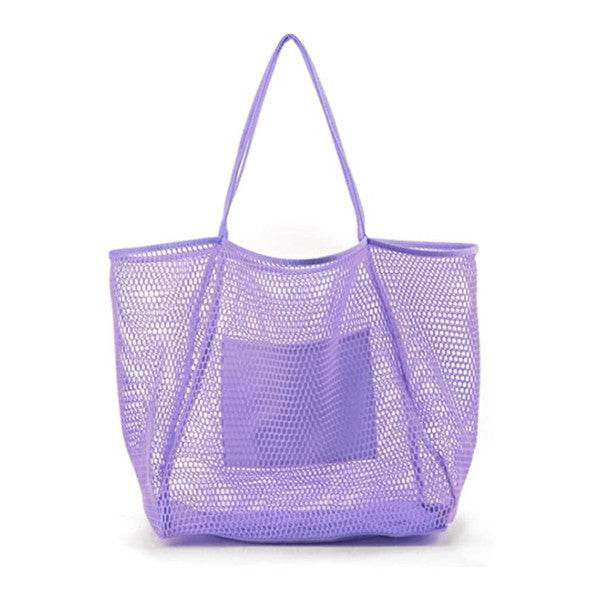 Purple Mesh Beach Bag Tote Bag with long handles and a front pocket by Babe Beachwear