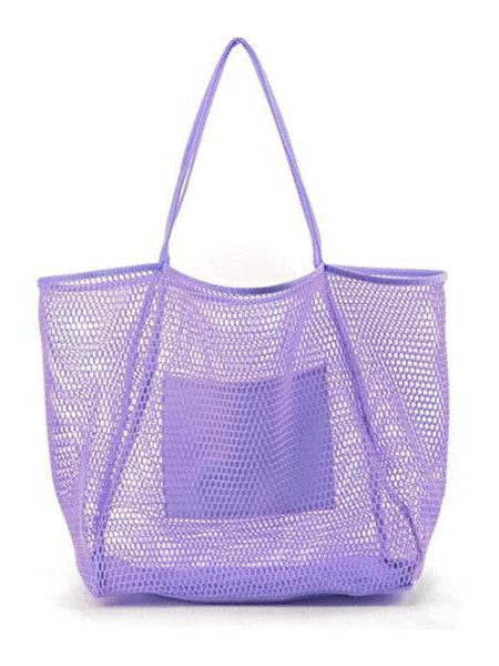 Purple Mesh Beach Bag Tote Bag with long handles and a front pocket by Babe Beachwear