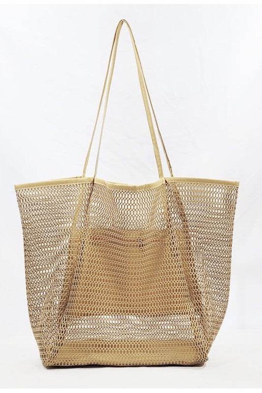 Babe Beachwaer Mesh Beach Bag Tote Bag in beige with long handles and spacious design