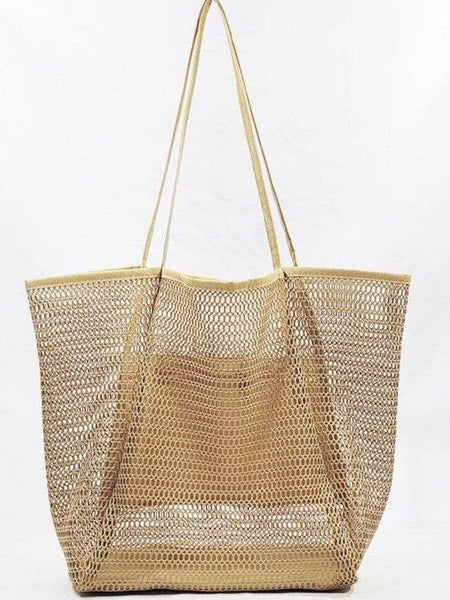 Babe Beachwaer Mesh Beach Bag Tote Bag in beige with long handles and spacious design
