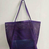 Purple Babe Beachwear Mesh Beach Bag Tote Bag with long handles hanging on wall