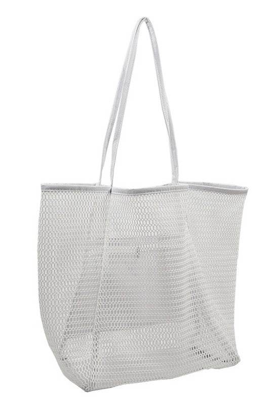 White Babe Beachwear mesh beach bag tote bag with long handles for easy carrying