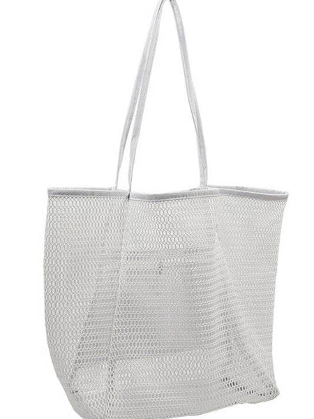 White Babe Beachwear mesh beach bag tote bag with long handles for easy carrying