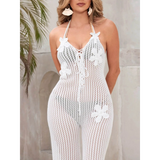 Babe Beachwaer white mesh halter swimsuit jumpsuit with floral details and lace-up front design