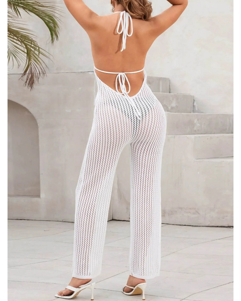Babe Beachwear white Mesh Halter swimsuit Jumpsuit with open back and tie details on model