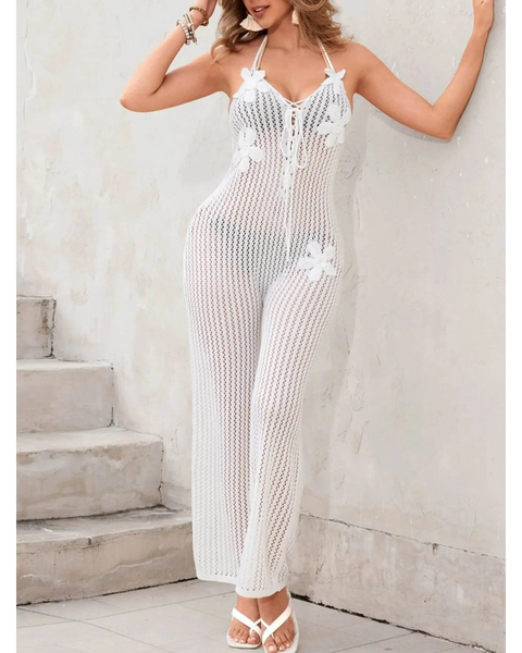 Babe Beachwaer white Mesh Halter swimsuit Jumpsuit with floral details and lace-up front