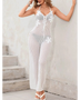 Babe Beachwaer white Mesh Halter swimsuit Jumpsuit with floral details and lace-up front