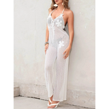 Babe Beachwaer white mesh halter swimsuit jumpsuit with floral patterns and wide-leg design