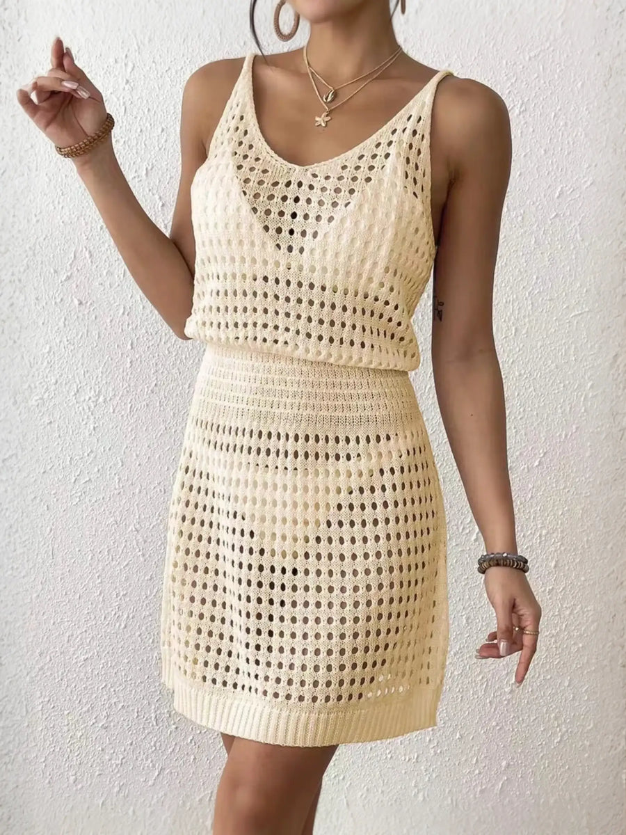 Babe Beachwear mesh swimsuit coverup mini dress in cream with sleeveless design and open knit pattern